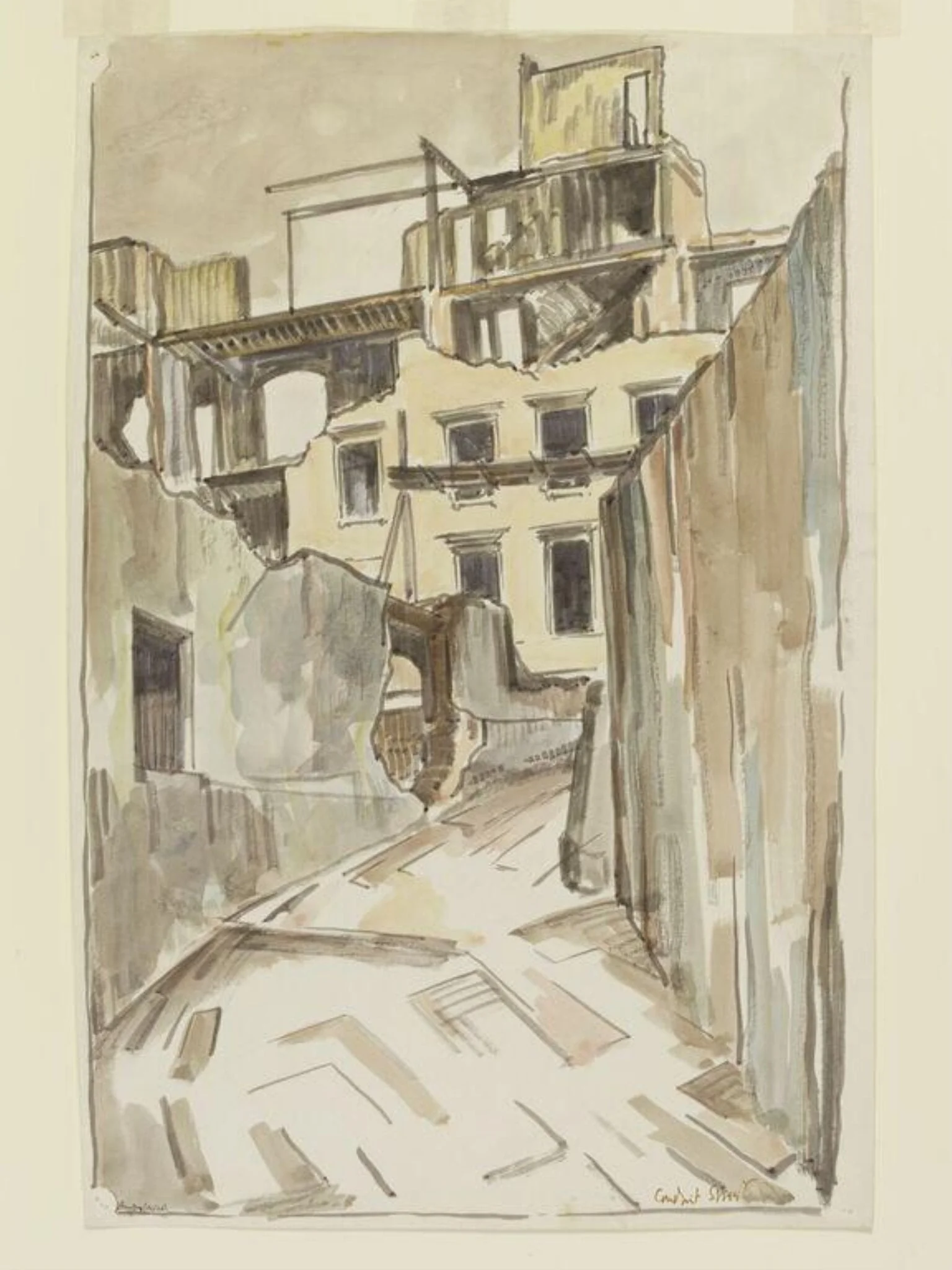 Conduit Street, corner of Saville Row, after bombing, by Lousada, watercolor, 1941
