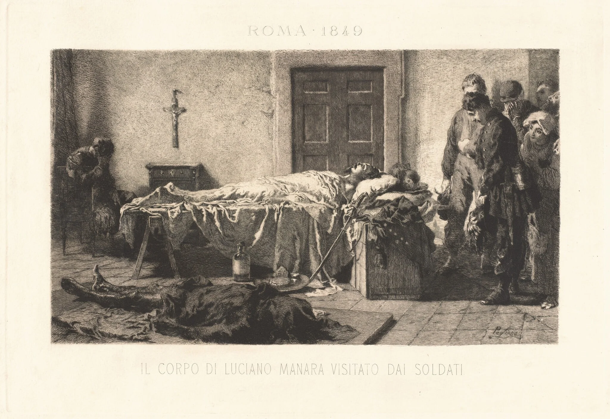 Il corpo di Luciano Manara visitato dai soldari (The Body of Luciano Manara Visited by Soldiers), by Eleuterio Pagliano, ink, 1884