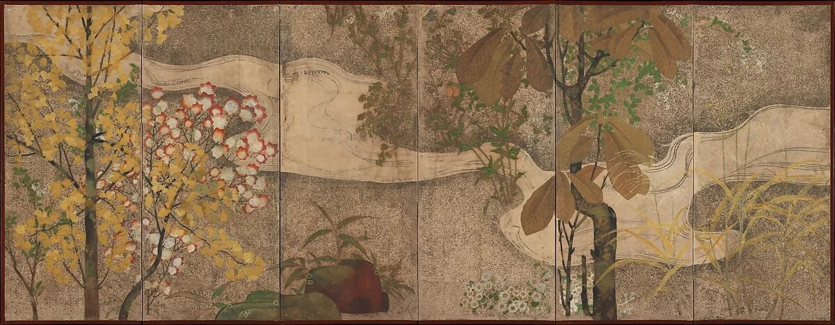 渓流春秋草木図屏風|Autumn Trees and Grasses by a Stream, by Unknown, ink, 1700