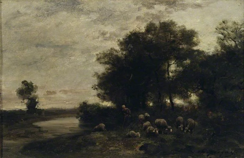 Shepherdess watering her Flocks, by Charles Jacque, oil, 1855