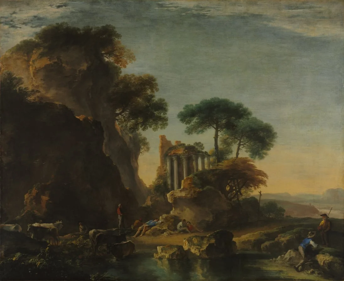 Ruins in a Rocky Landscape, by Salvator Rosa, unspecified, 1640