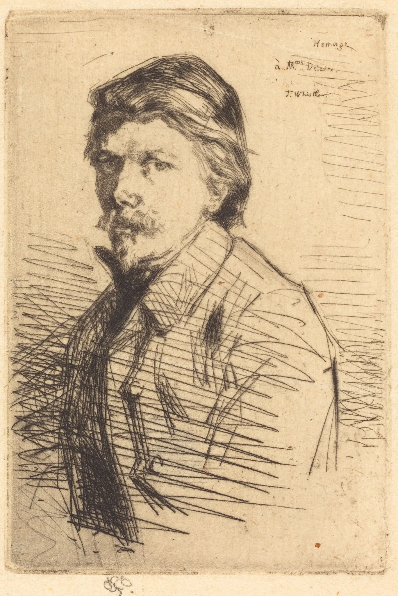 August Delatre, by James McNeill Whistler, ink, 1858