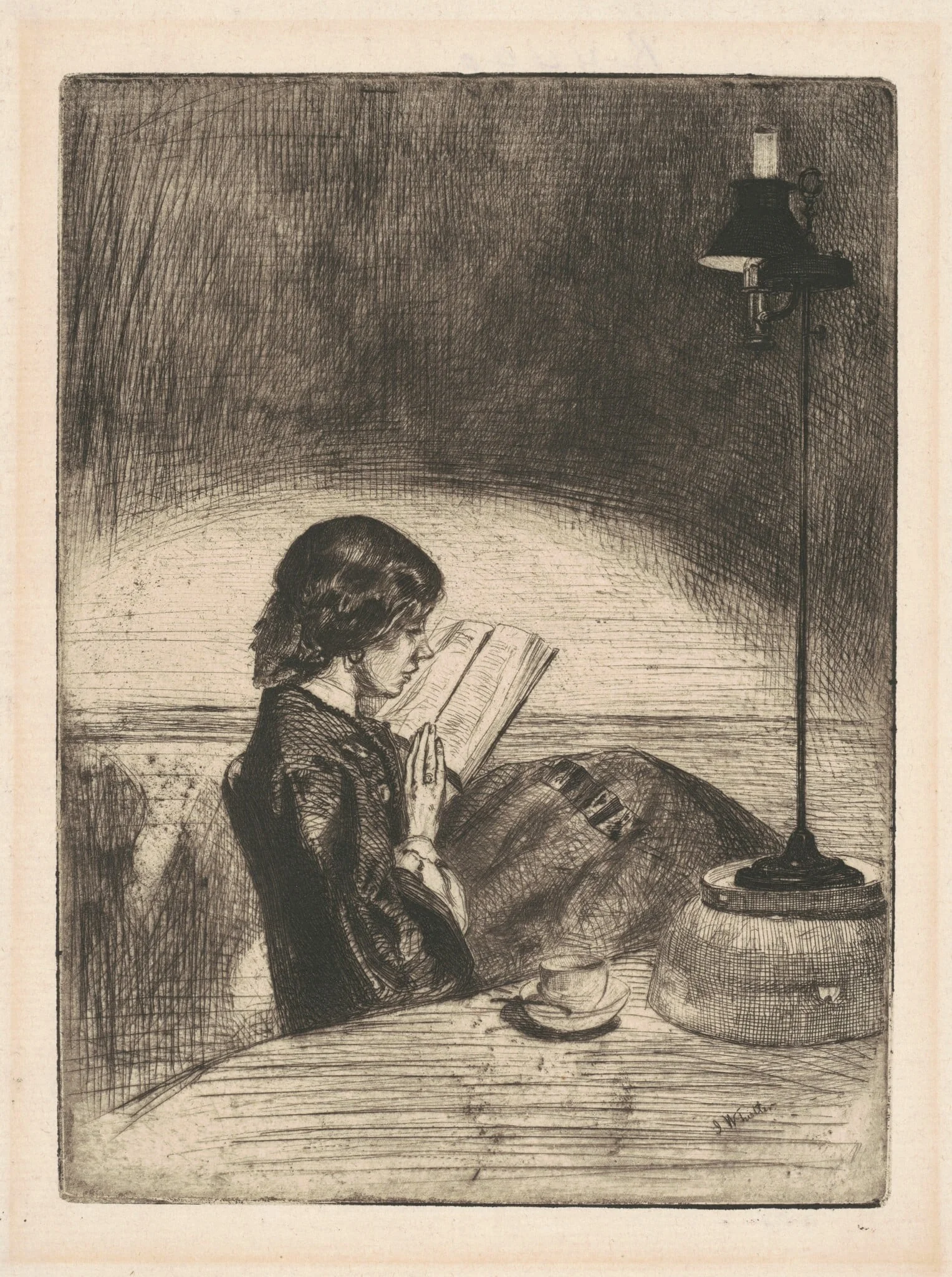 Reading by Lamplight, by James McNeill Whistler, ink, 1859