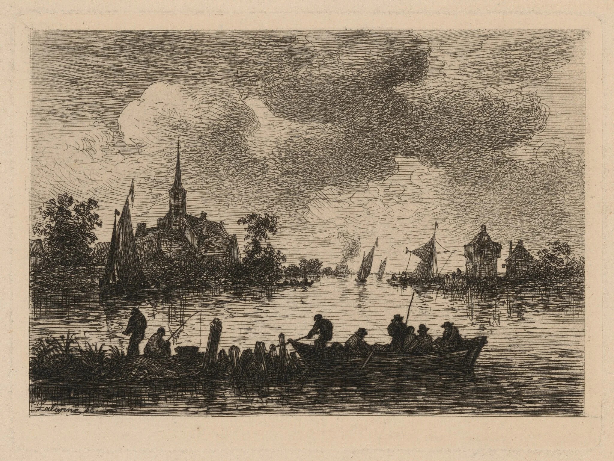 Banks of the Meuse, by Maxime Lalanne, ink, 1873
