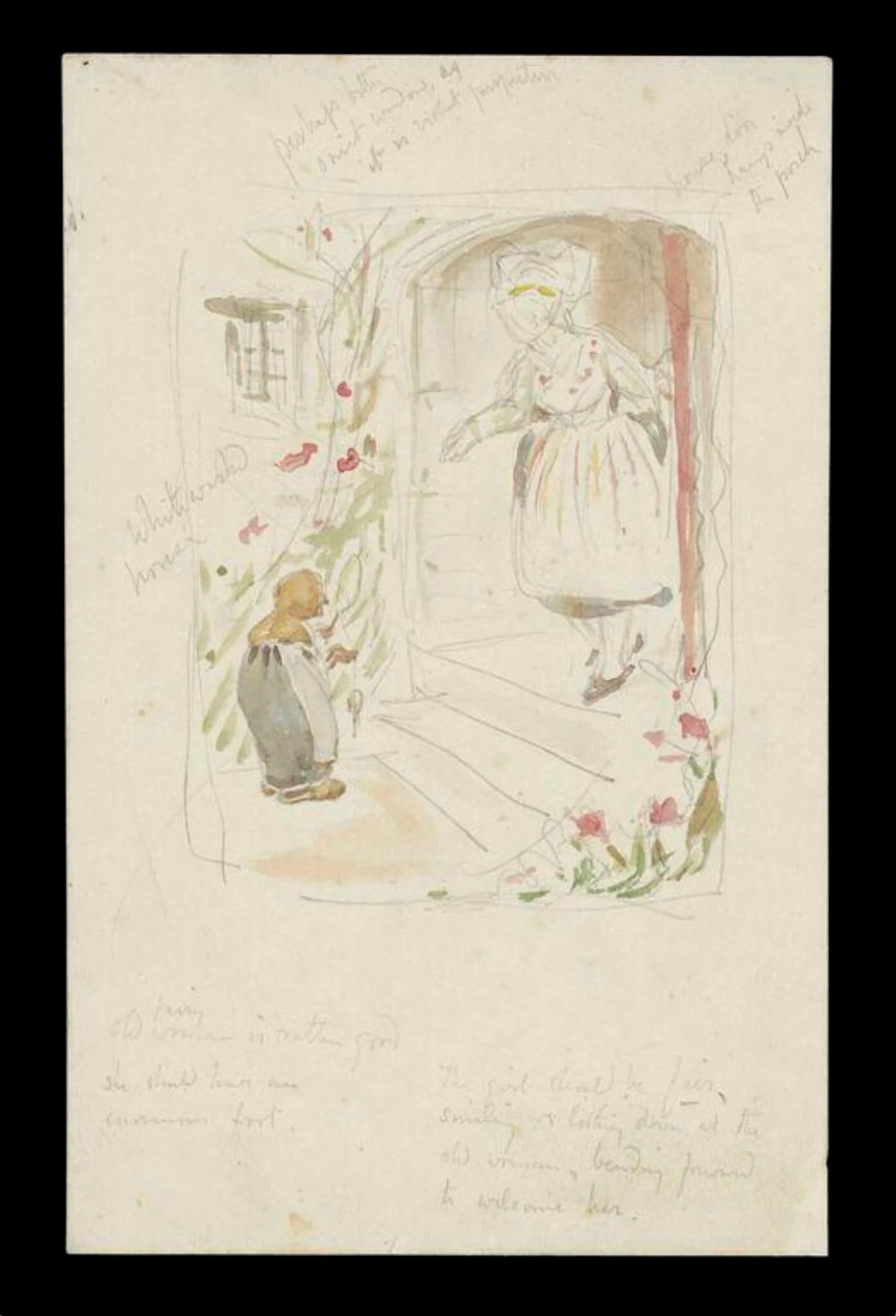 Rough sketch illustrating 'The Three Spinners', by Beatrix Potter, watercolor, 1894