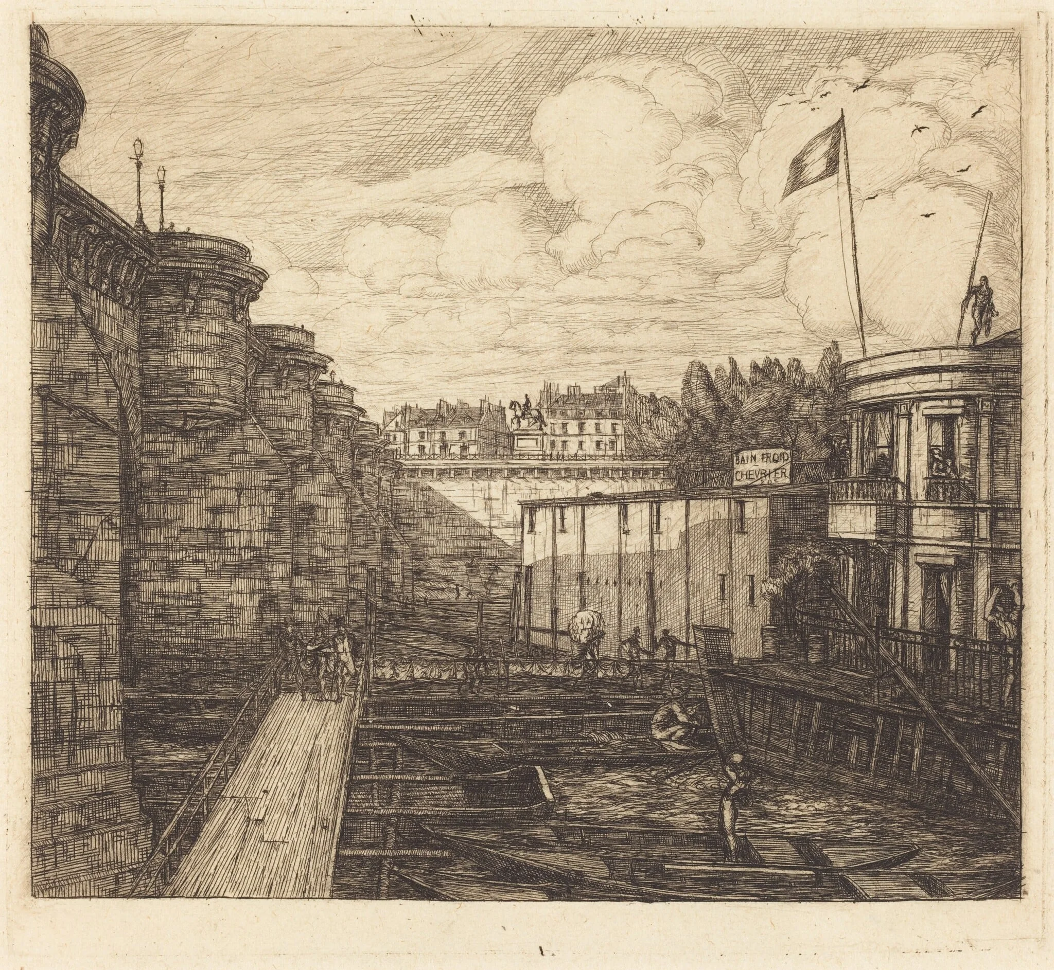 Bain-froid chevrier, dit "de l'École" (Chevrier's Cold-Bath Establishment, Sometimes called the "School-Baths"), by Charles Meryon, ink, 1864