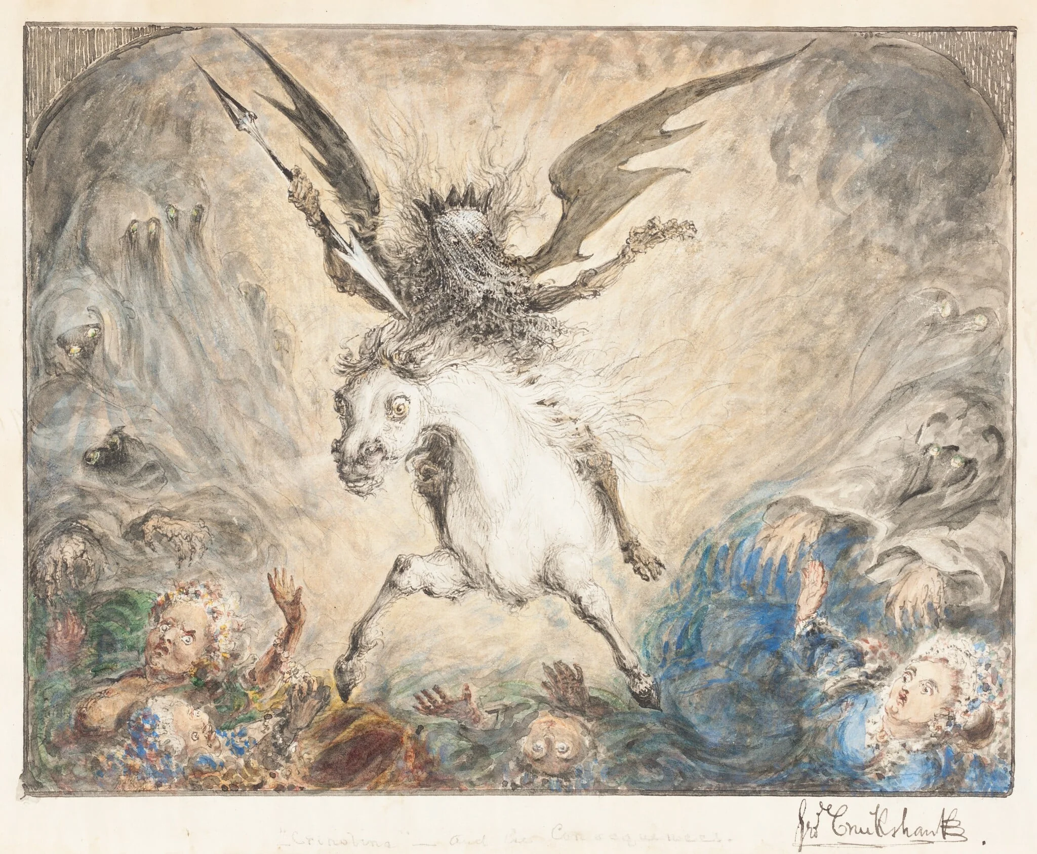 "Crinolina" - and the Consequences [recto], by George Cruikshank, ink, 1865