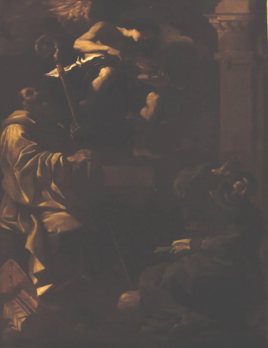 Sfântul Francisc și Sfântul Benedict ascultând un înger muzicant, by Giovani Francesco Barbieri, unspecified, 1650