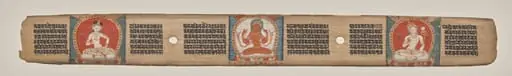 Prajnaparamita flanked by a white female figure and a white bodhisattva, folio 90 (recto), from a Manuscript of the Perfection of Wisdom in Eight Thousand Lines (Ashtasahasrika Prajnaparamita-sutra)