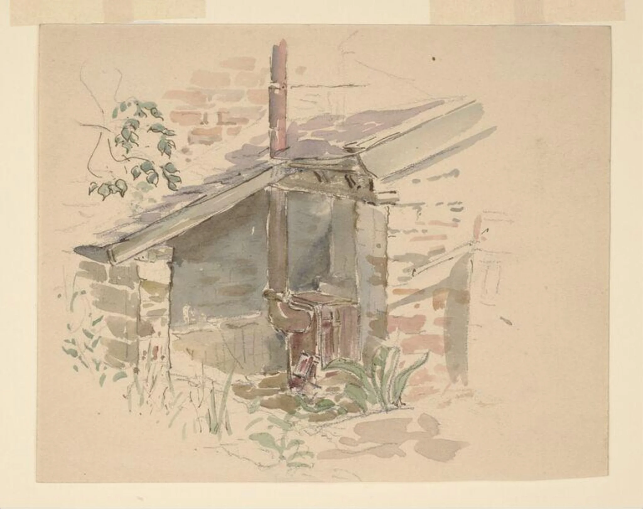 A garden shed with iron stove and chimney in the garden at Gwaynynog