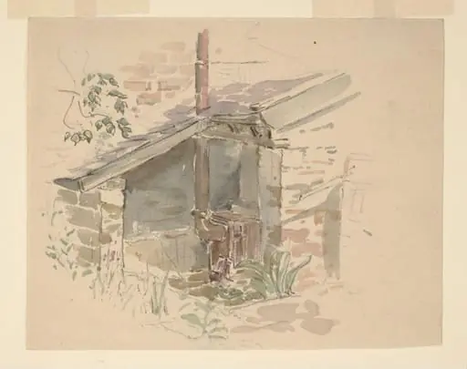 A garden shed with iron stove and chimney in the garden at Gwaynynog