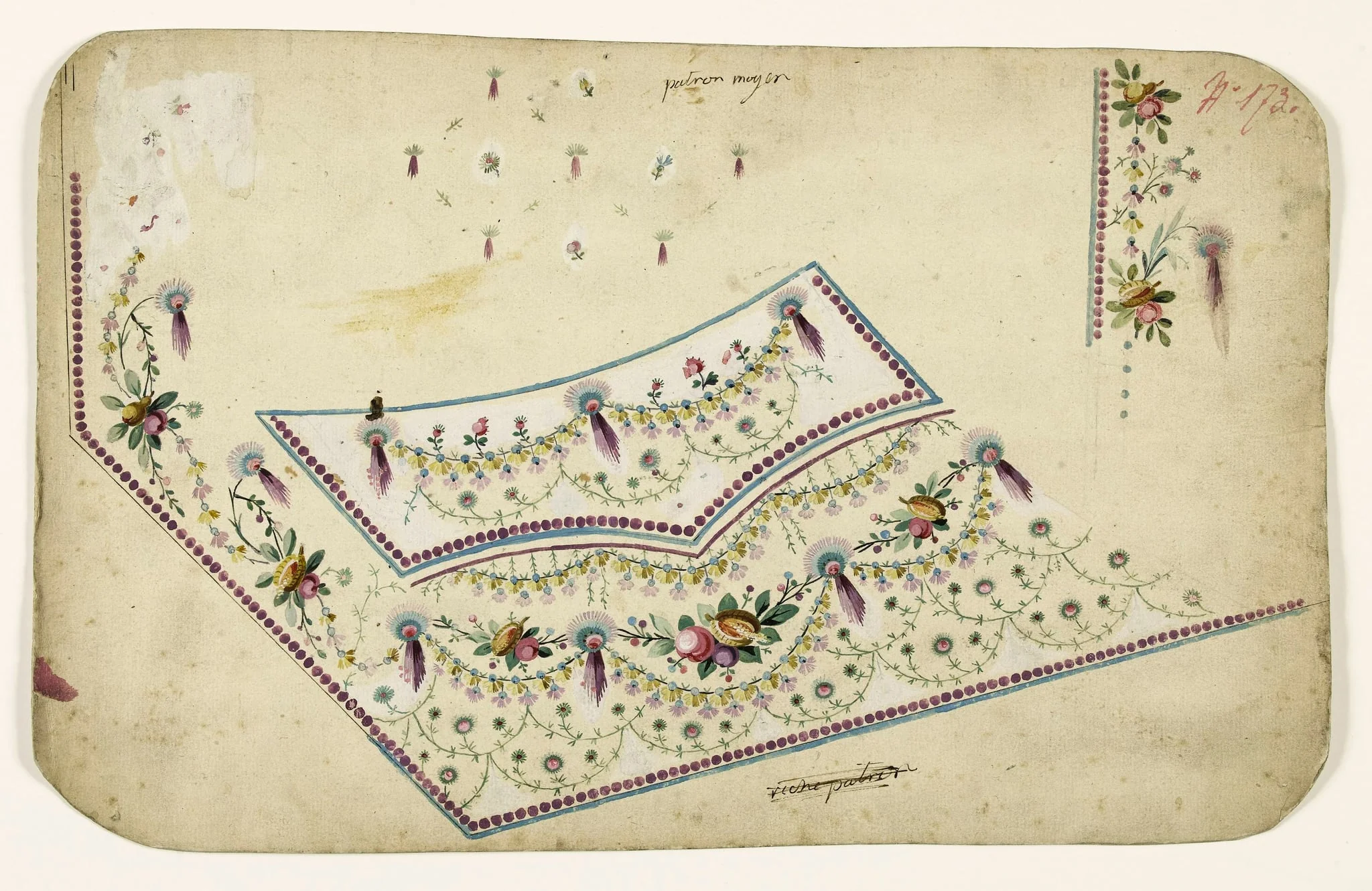Composirion avec guirlandes de fleurs et de fruits exotiques, frises de perles violettes, projets de broderies de gilet, XVIIIème siècle, by Anonyme, 1750