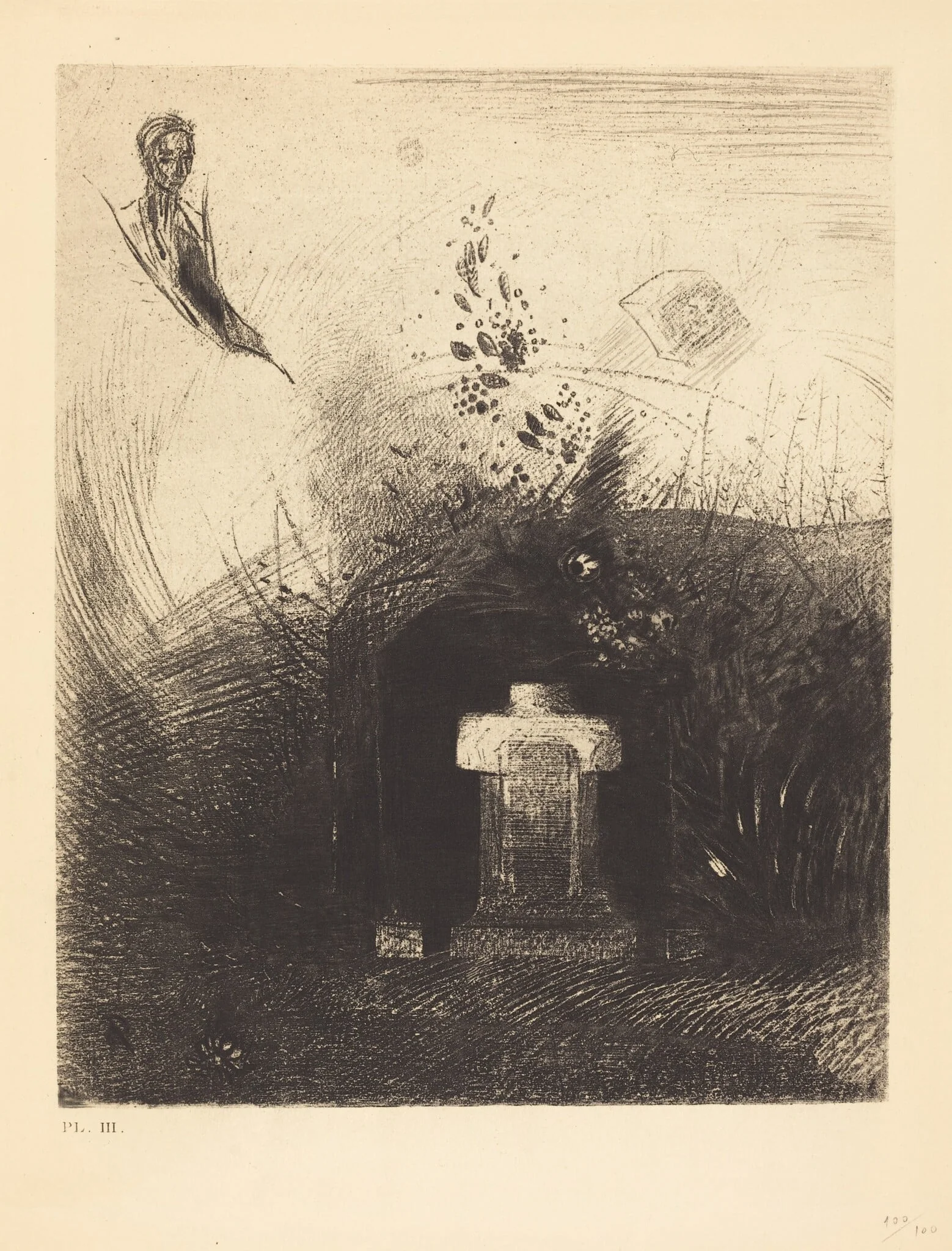 Si par une nuit lourde et sombre, un bon chretien, par charite, derriere quelque vieux decombre, enterre votre corps voute (If on a close dark night a good Christian, out of charity, behind some old ruin, buries your arched body), by Odilon Redon, ink, 1890