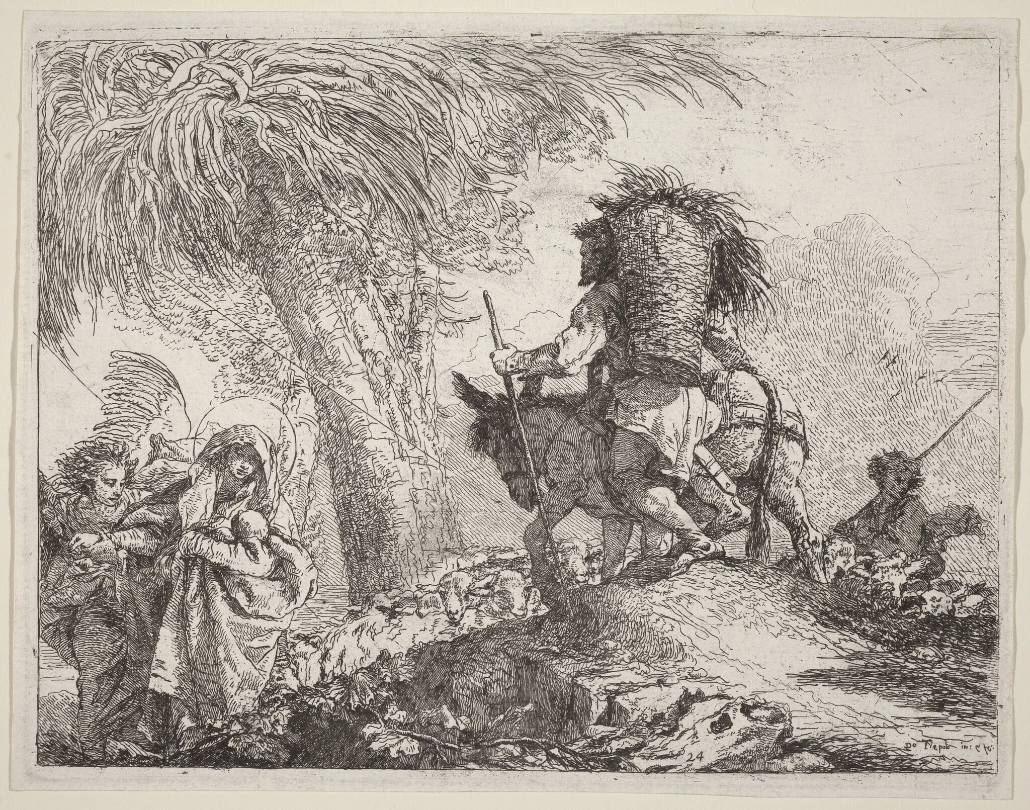 The Flight, Joseph at Right and Mary and Angel at Left, by Giovanni Domenico Tiepolo, ink, 1753