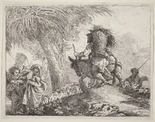 The Flight, Joseph at Right and Mary and Angel at Left