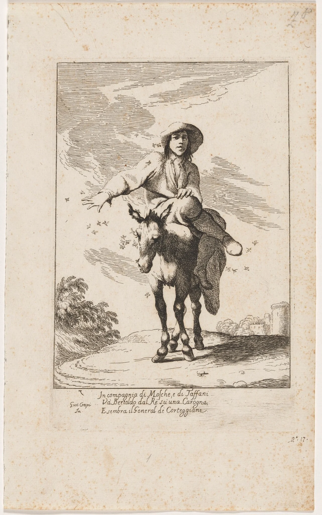 Bertoldo Riding a Donkey, by Giuseppe Maria Crespi, ink, 1712