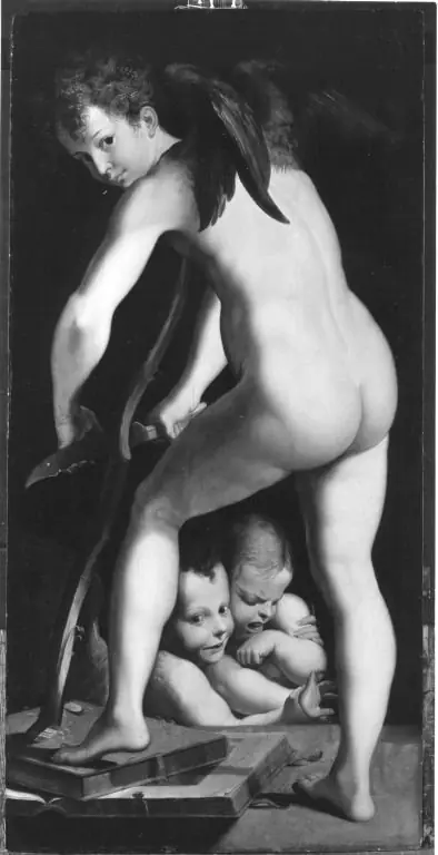 Cupid carves the bow