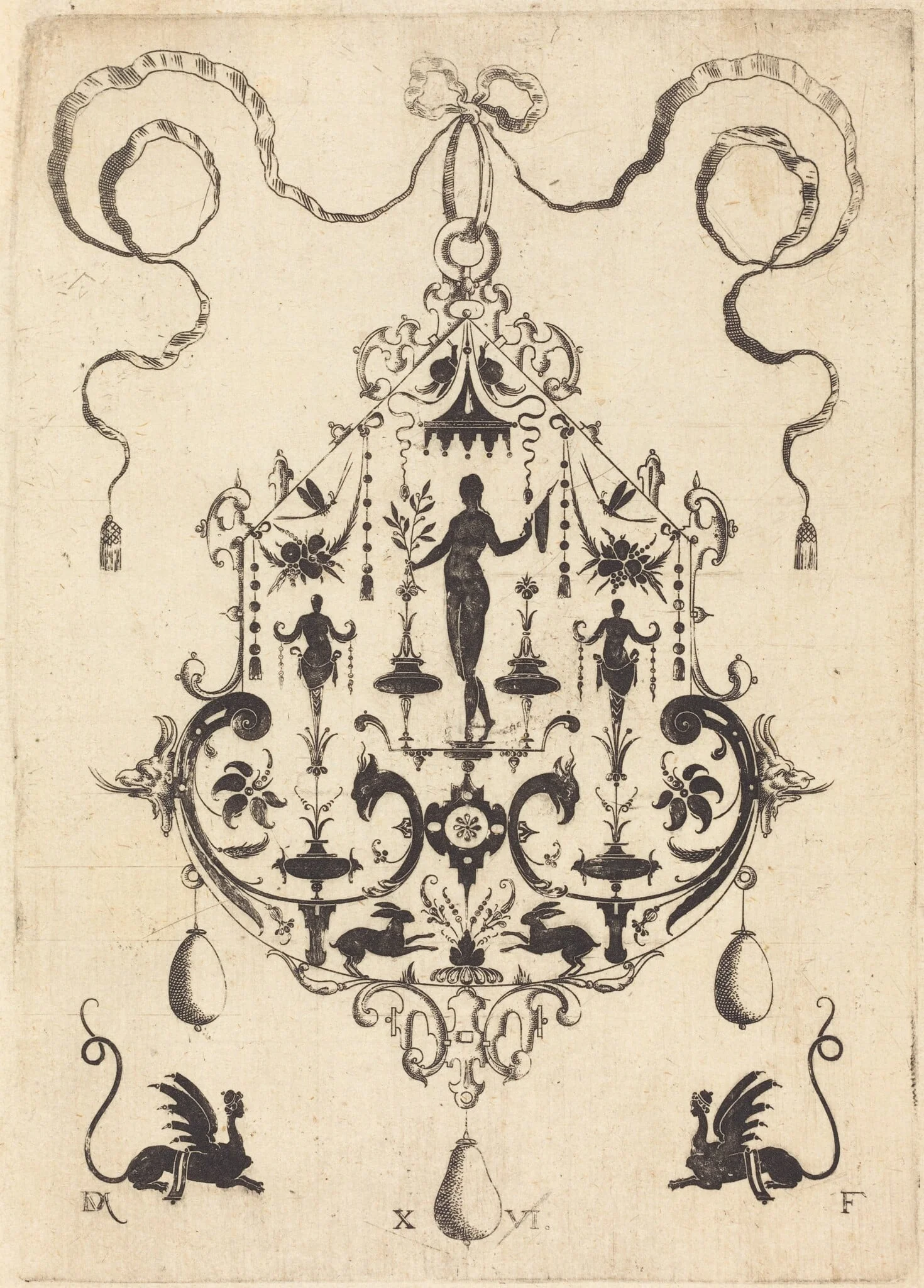 Large Pendant, Victory Flanked by Two Herms at Centre, by Daniel Mignot, ink, 1596