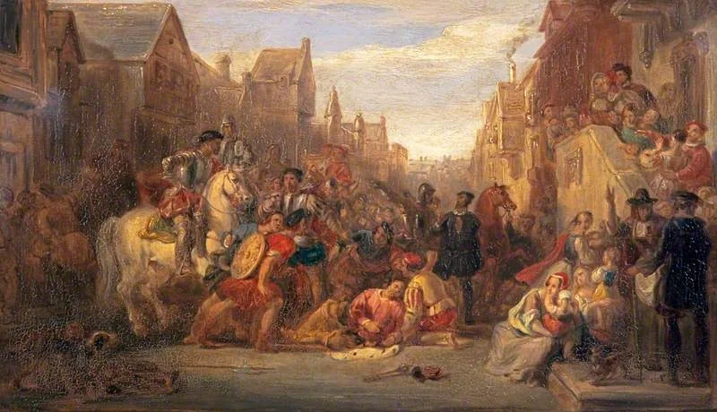 [Compositional Sketch for] The Death of the Regent Moray, by William Allan, oil, 1826
