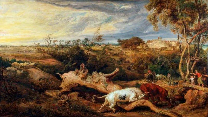 Bulls Fighting, with a View of Donatt's Castle, Glamorganshire, by James Ward, oil, 1819