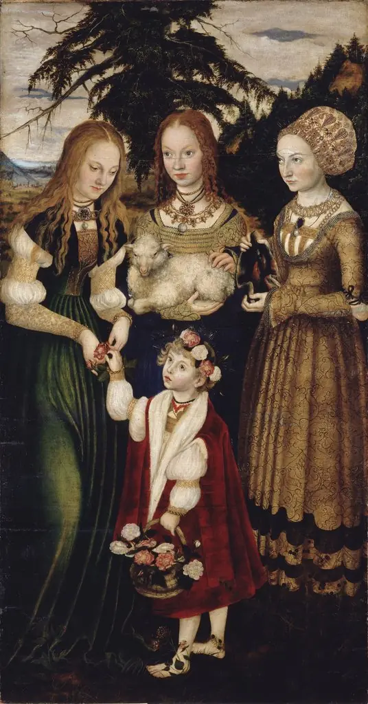 Altarpiece with the Martyrdom of St Catharine: St Dorothea, St Agnes, St Kunigunde [left wing, recto]