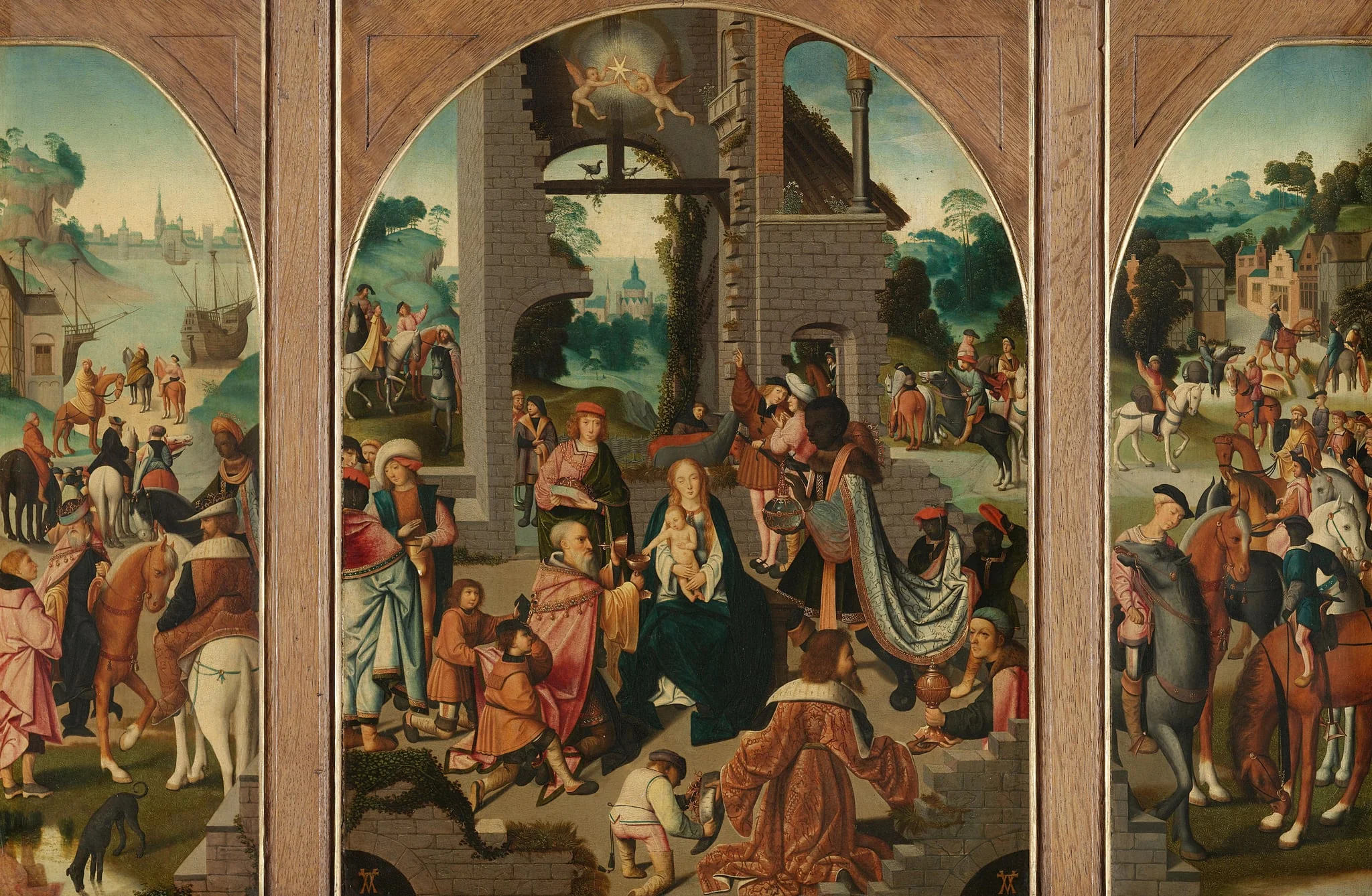 Triptych with Adoration of the Magi (center and inner wings), Saint Antony Abbot (left, outer wing) and Saint Adrian (right, outer wing)