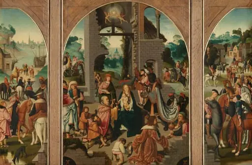 Triptych with Adoration of the Magi (center and inner wings), Saint Antony Abbot (left, outer wing) and Saint Adrian (right, outer wing)