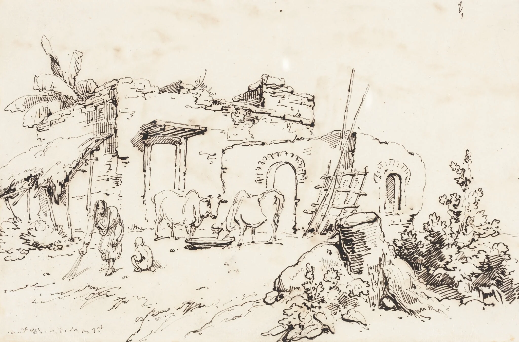 A Village Scene in India [verso], by George Chinnery, ink, 1819