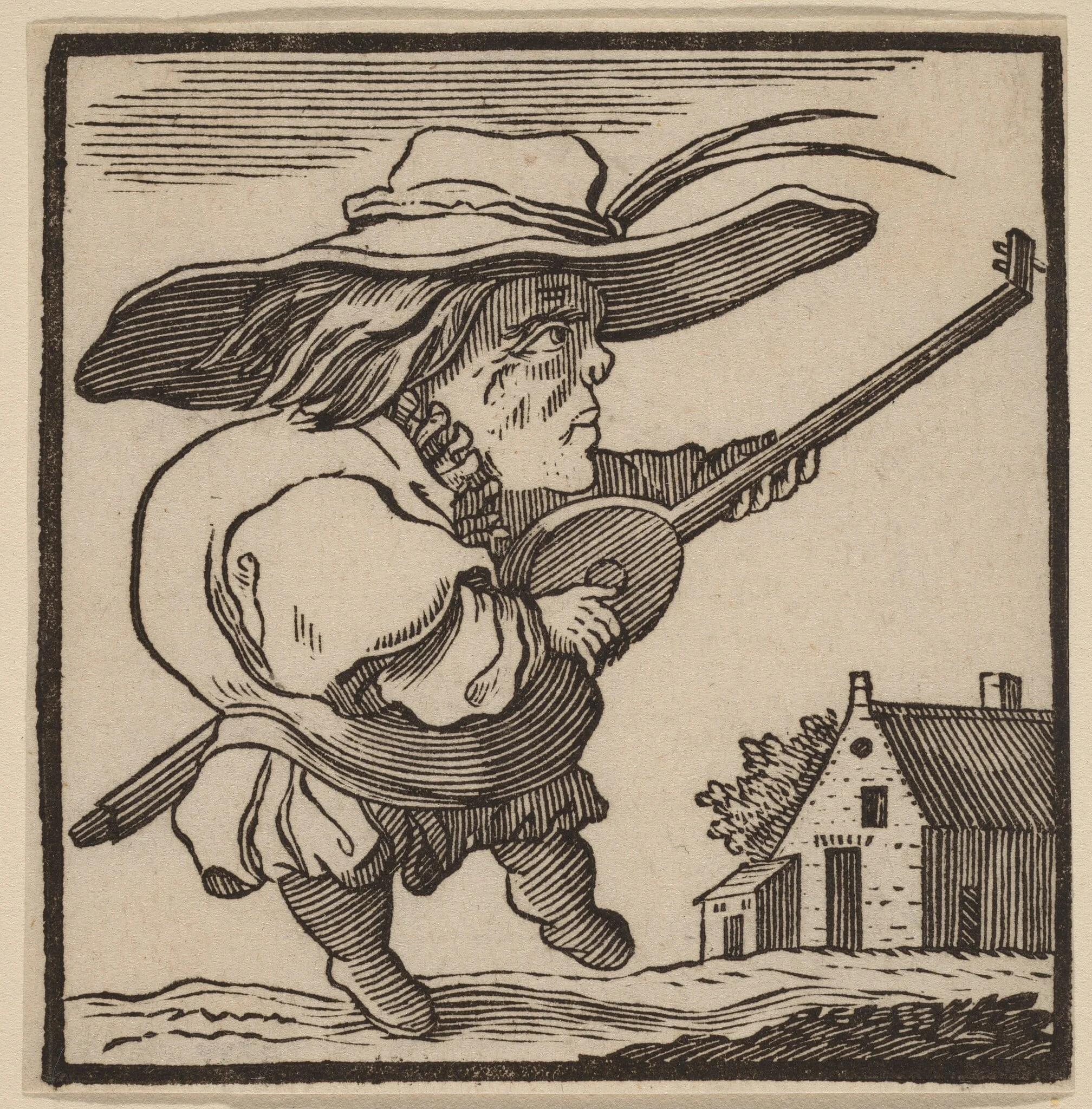 Hunchback Playing a Lute, by H. Numan, ink, 1770