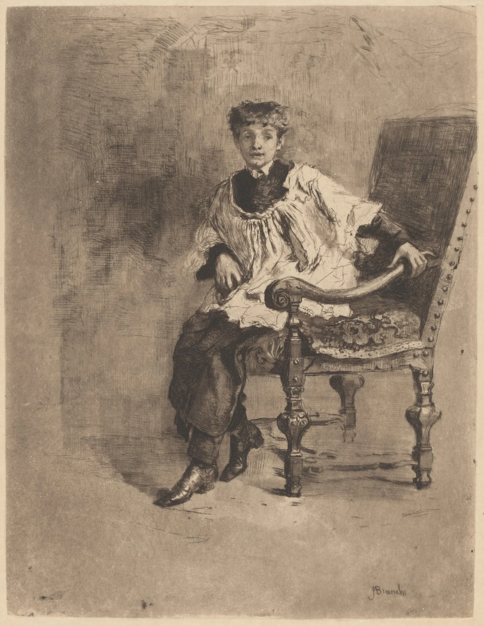 Seated Acolyte, by Mosè Bianchi, ink, 1872