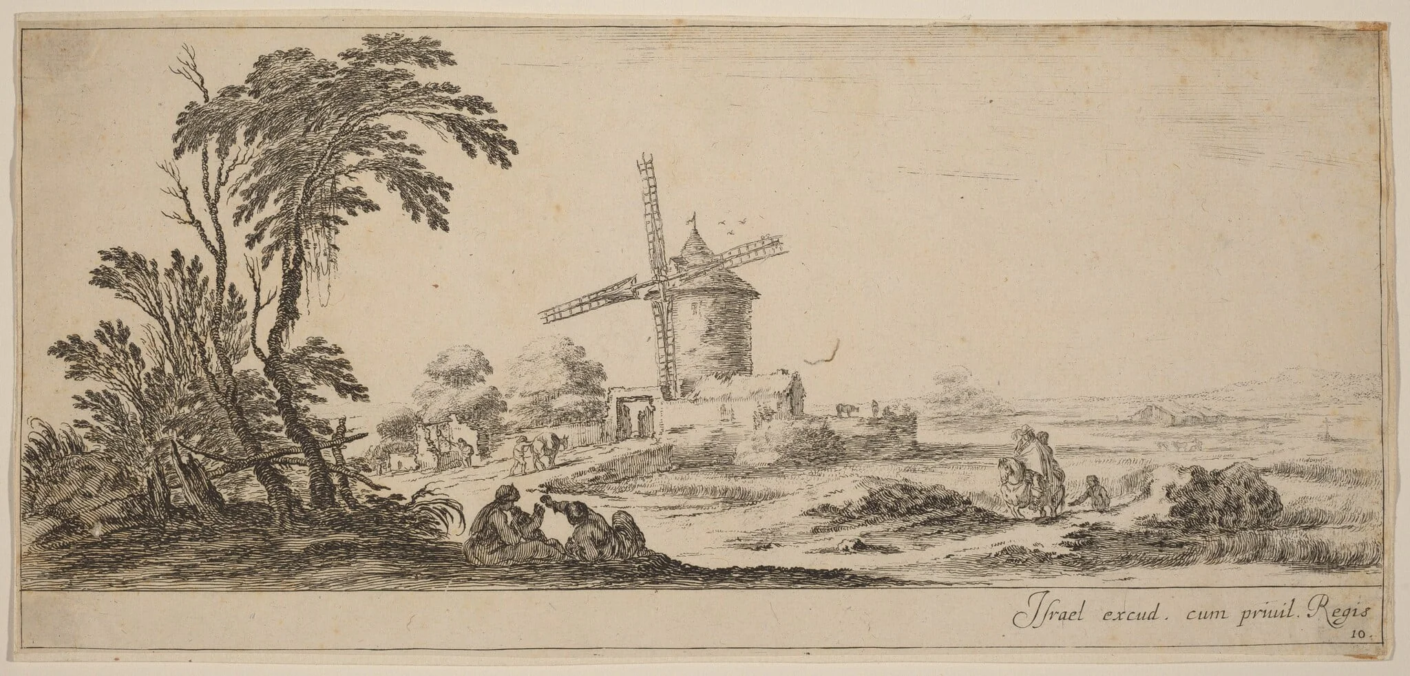 Landscape with Windmill, by Stefano Della Bella, ink, 1647