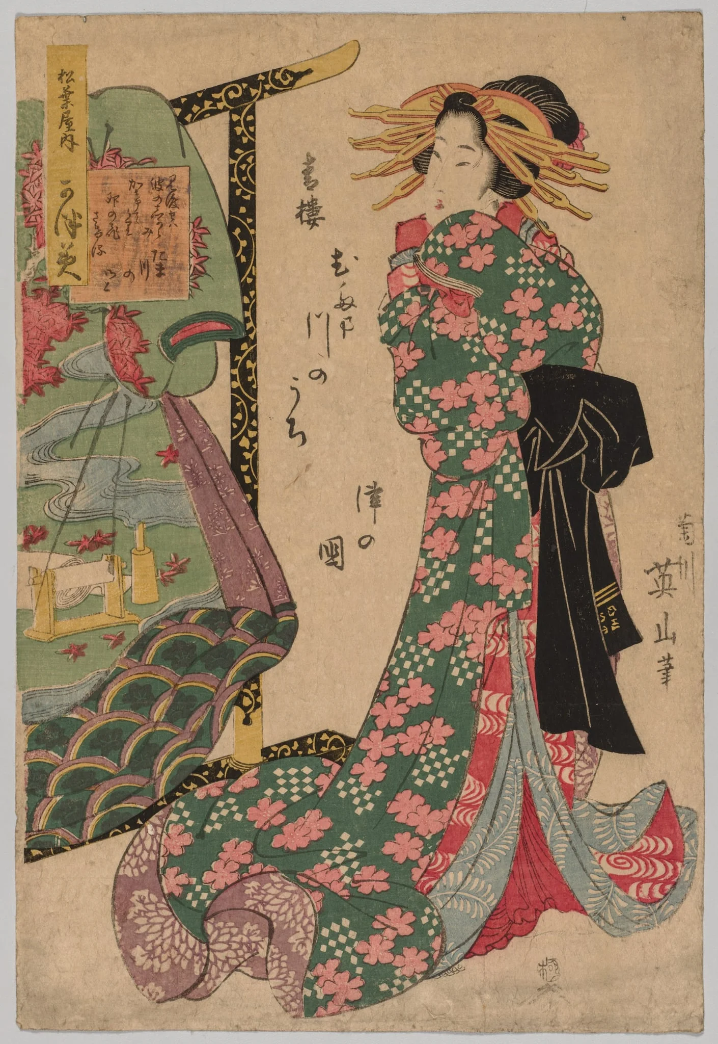 Courtesan Beside Kimono Rack, by Kikukawa Eizan, 1827