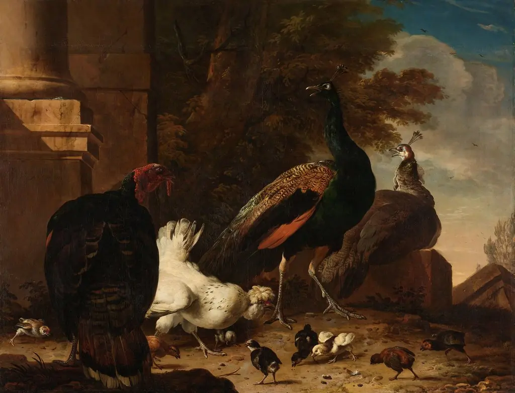 A Hen with Peacocks and a Turkey