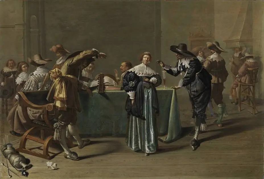 Elegant company singing, dancing and smoking in an interior