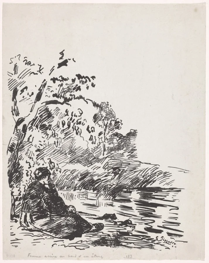 Woman Sitting by a Pond