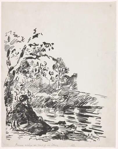 Woman Sitting by a Pond