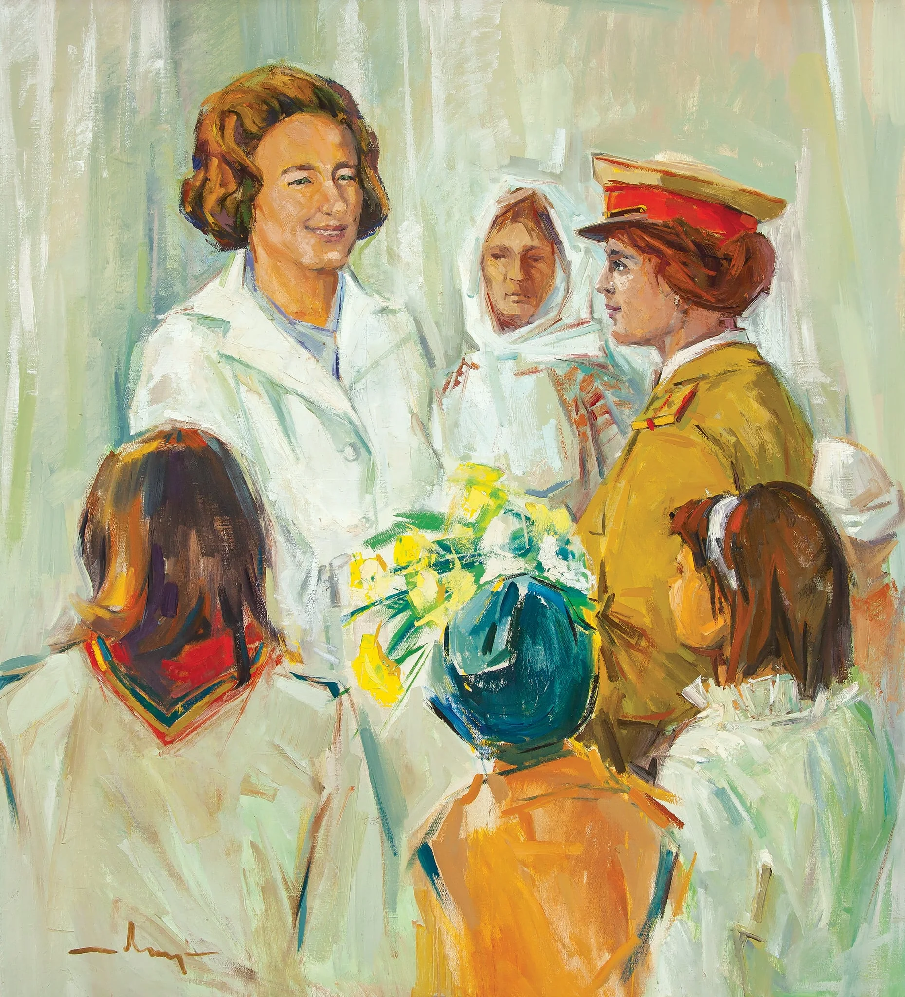 Tablou, ulei pe pânză, „Omagiu” , semnat stânga jos indescifrabil, atribuit Ion Țarălungă. Elena Ceaușescu într-un grup de copii și tineri, o tânără femeie militar îi oferă un buchet de flori. Comandat și oferit de Ministerul Apărării Naționale (1984).