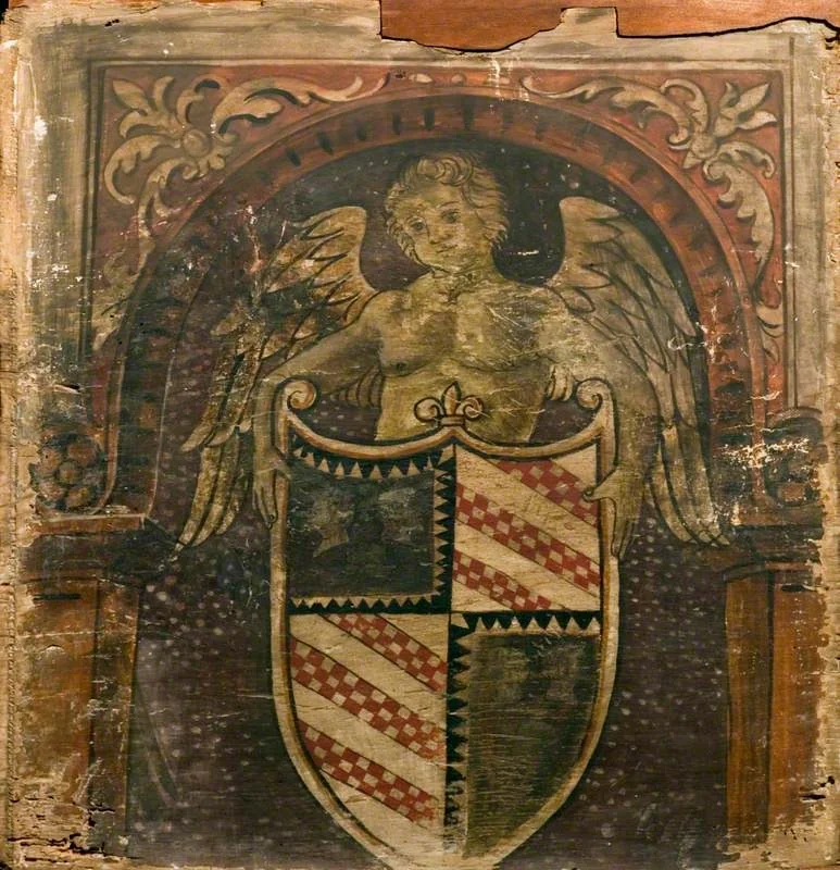 A Cupid with a Coat of Arms (one of 29 painted panels from a frieze), by Unknown, unspecified, 1500