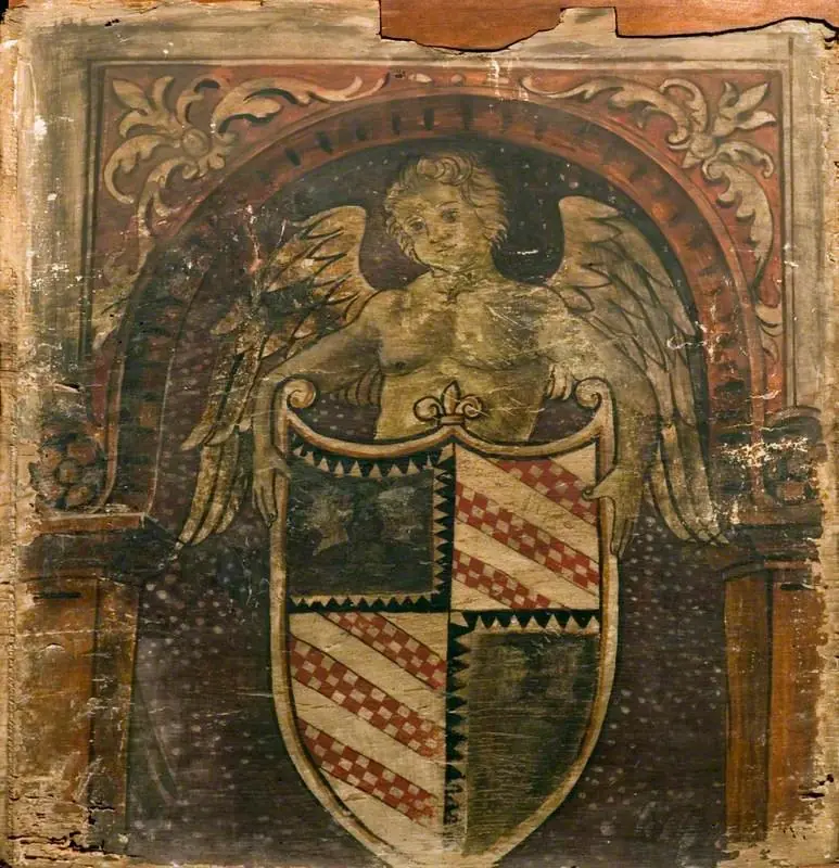 A Cupid with a Coat of Arms (one of 29 painted panels from a frieze)