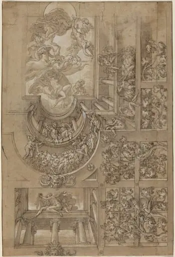 Illusionistic Ceiling with a Grape Arbor, Figures Poised on Galleries, and a Central Scene of Olympian Gods