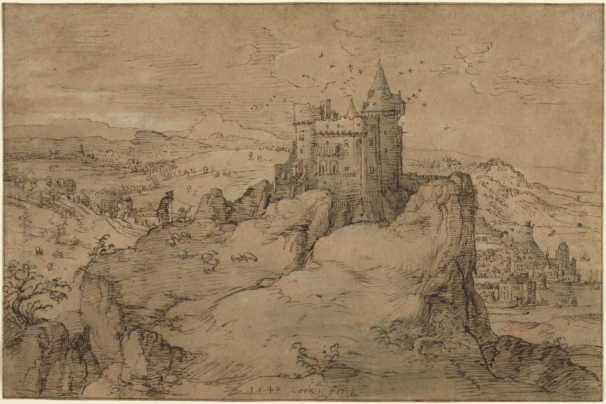 Landscape with Castle above a Harbor, by Matthys Cock, ink, 1540