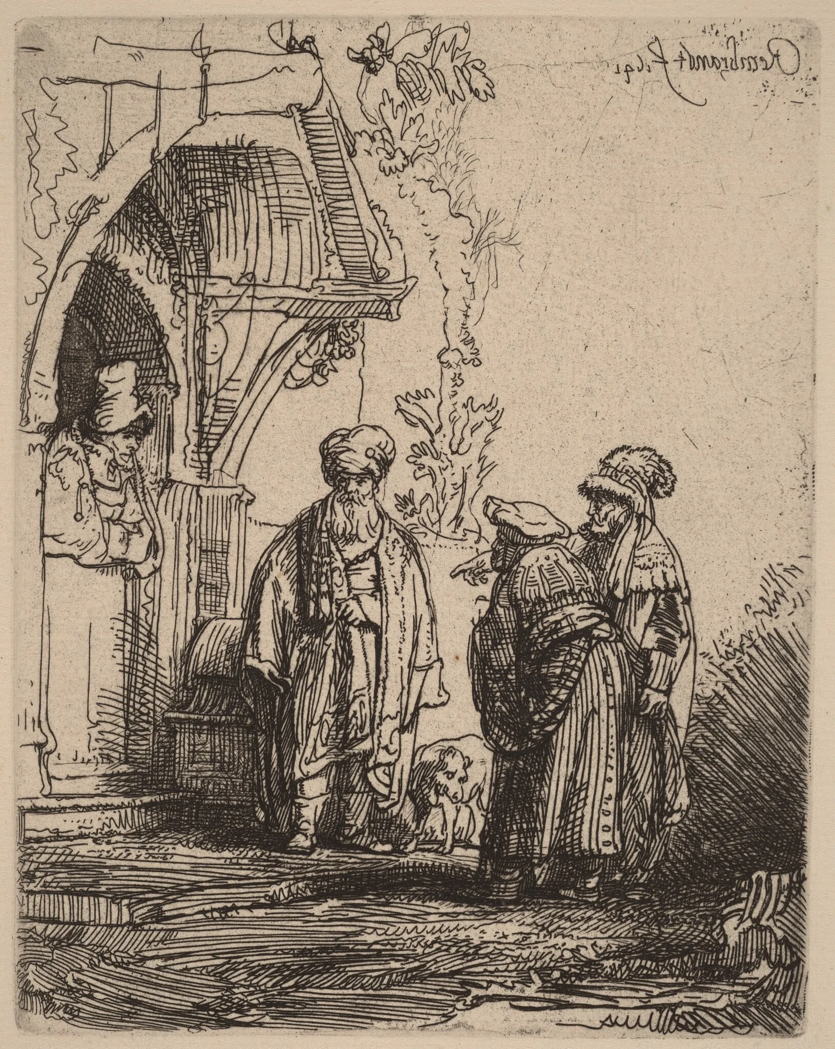 Three Oriental Figures (Jacob and Laban?), by Rembrandt, ink, 1641