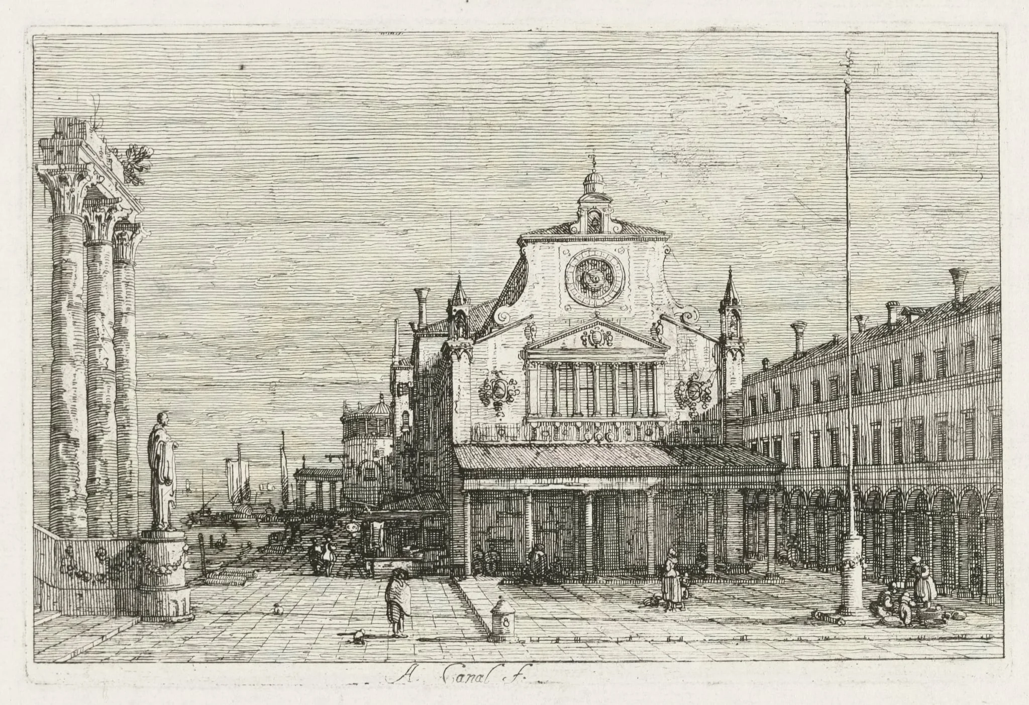 Views:  Three Columns and a Statue on the Sea Coast, by Canaletto, 1740
