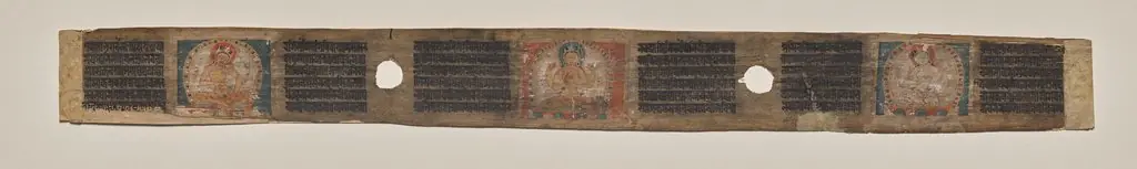 Prajnaparamita ﬂanked by two female ﬁgures, folio 1 (verso), from a Manuscript of the Perfection of Wisdom in Eight Thousand Lines (Ashtasahasrika Prajnaparamita-sutra)