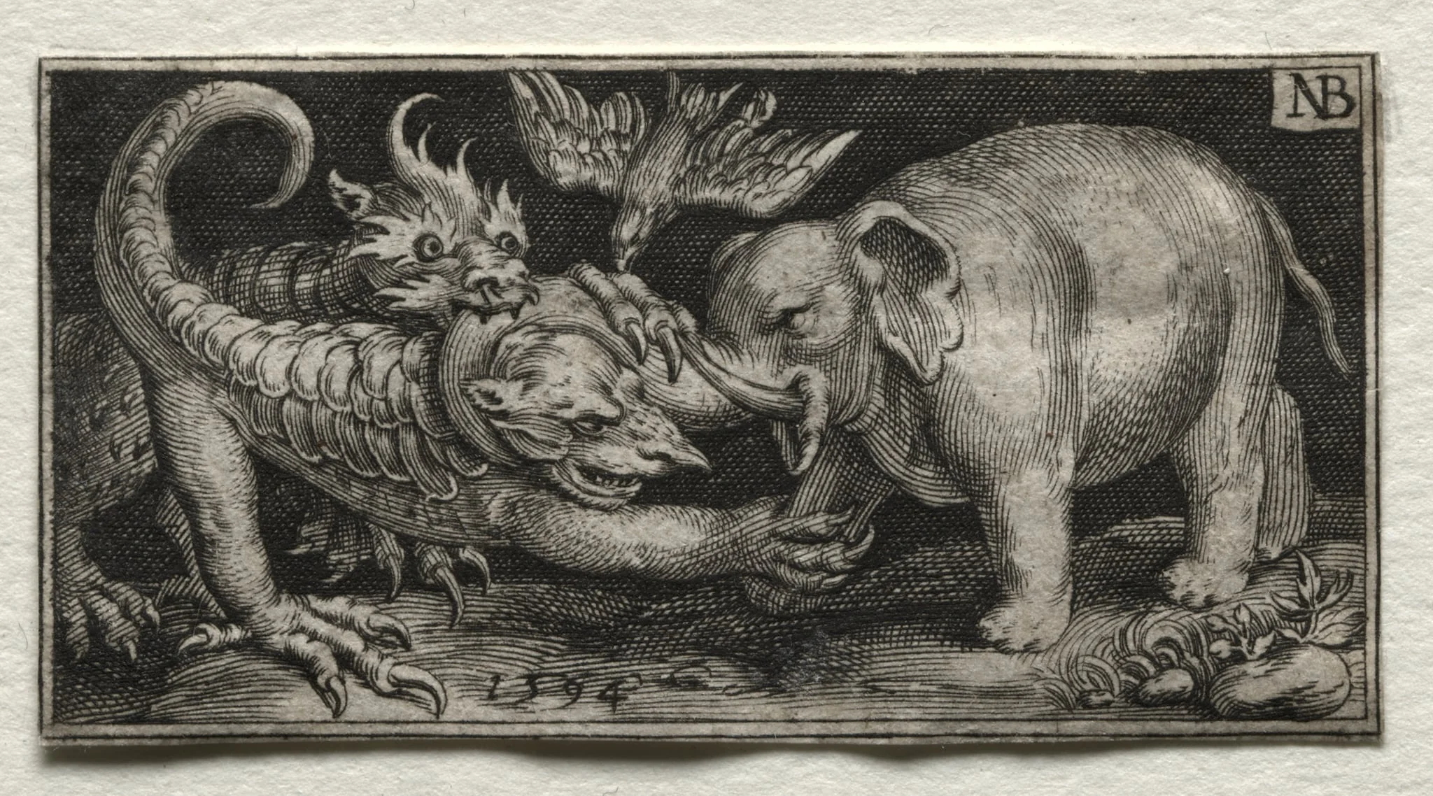 Elephant  Fighting two Beasts, by Nicolaes de Bruyn, 1594