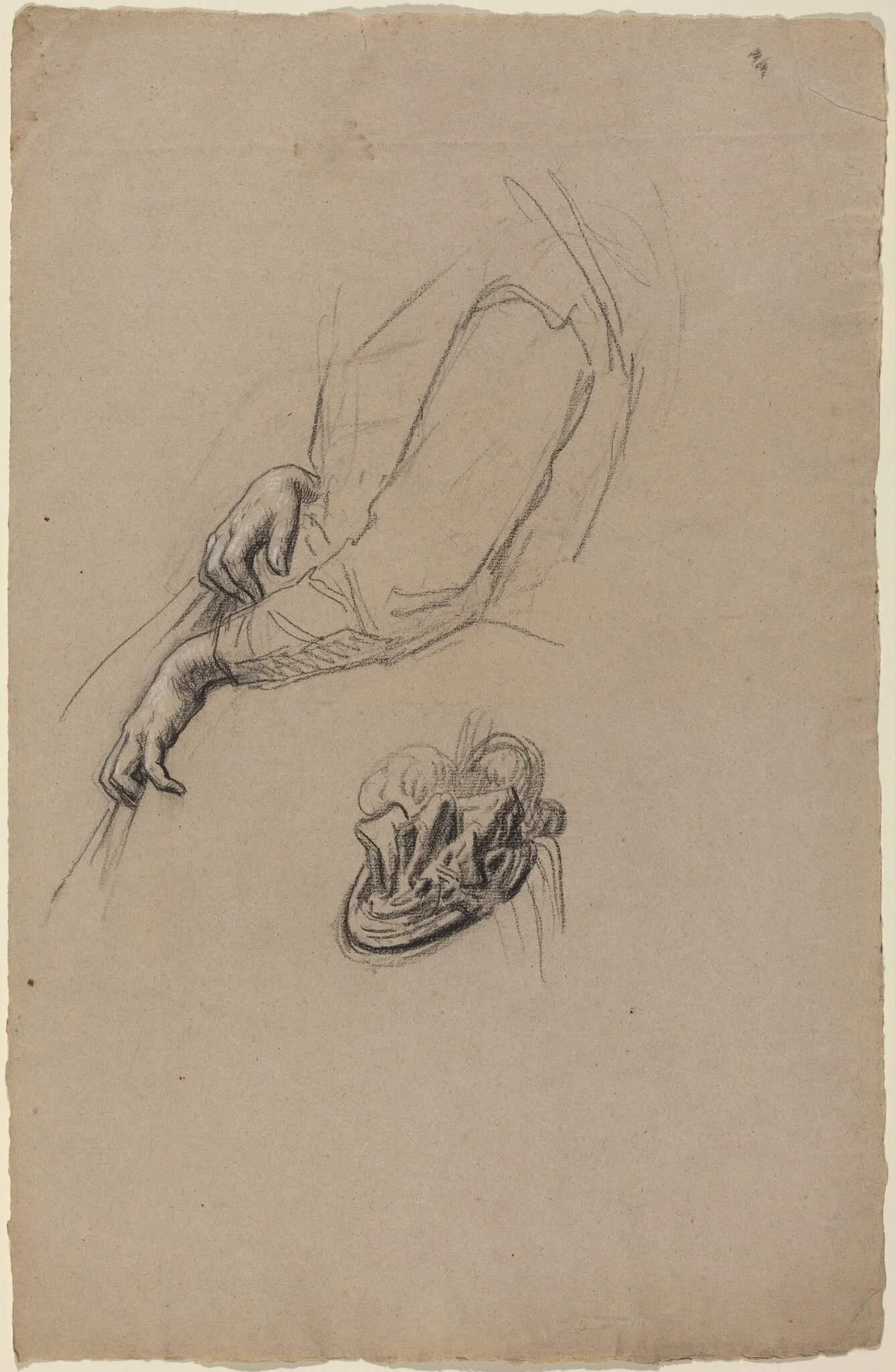 Young Woman's Hands and Beribboned Hat