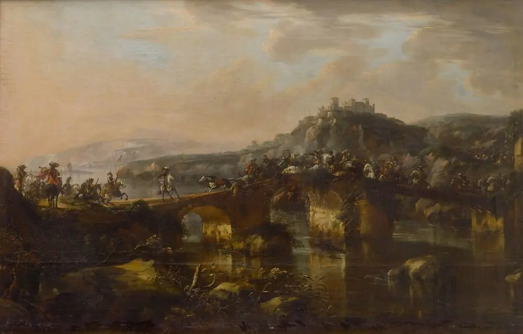 Battle scene of horsemen on a bridge