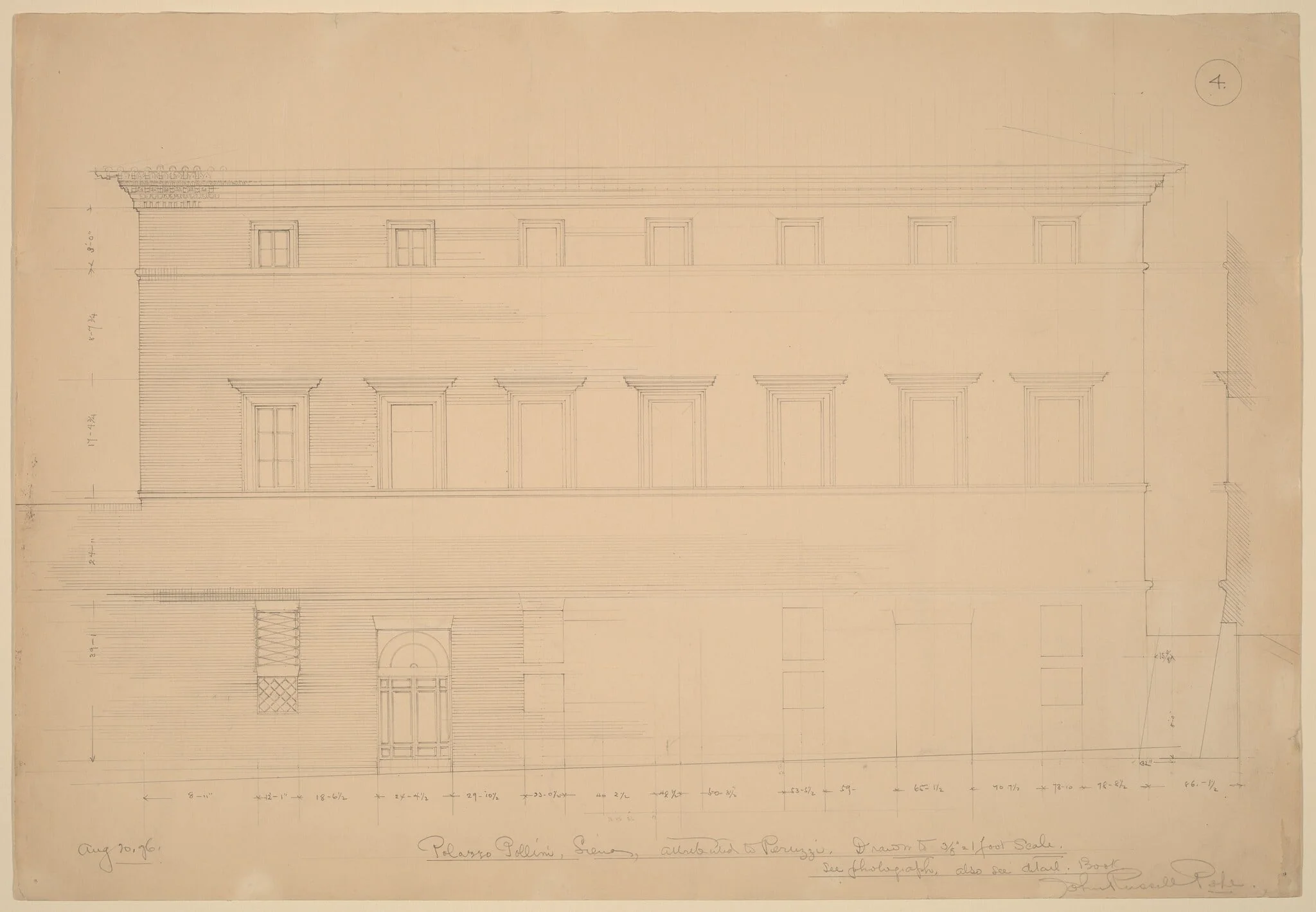 Palazzo Pollini, Siena, Attributed to Peruzzi, by John Russell Pope, graphite, 1896