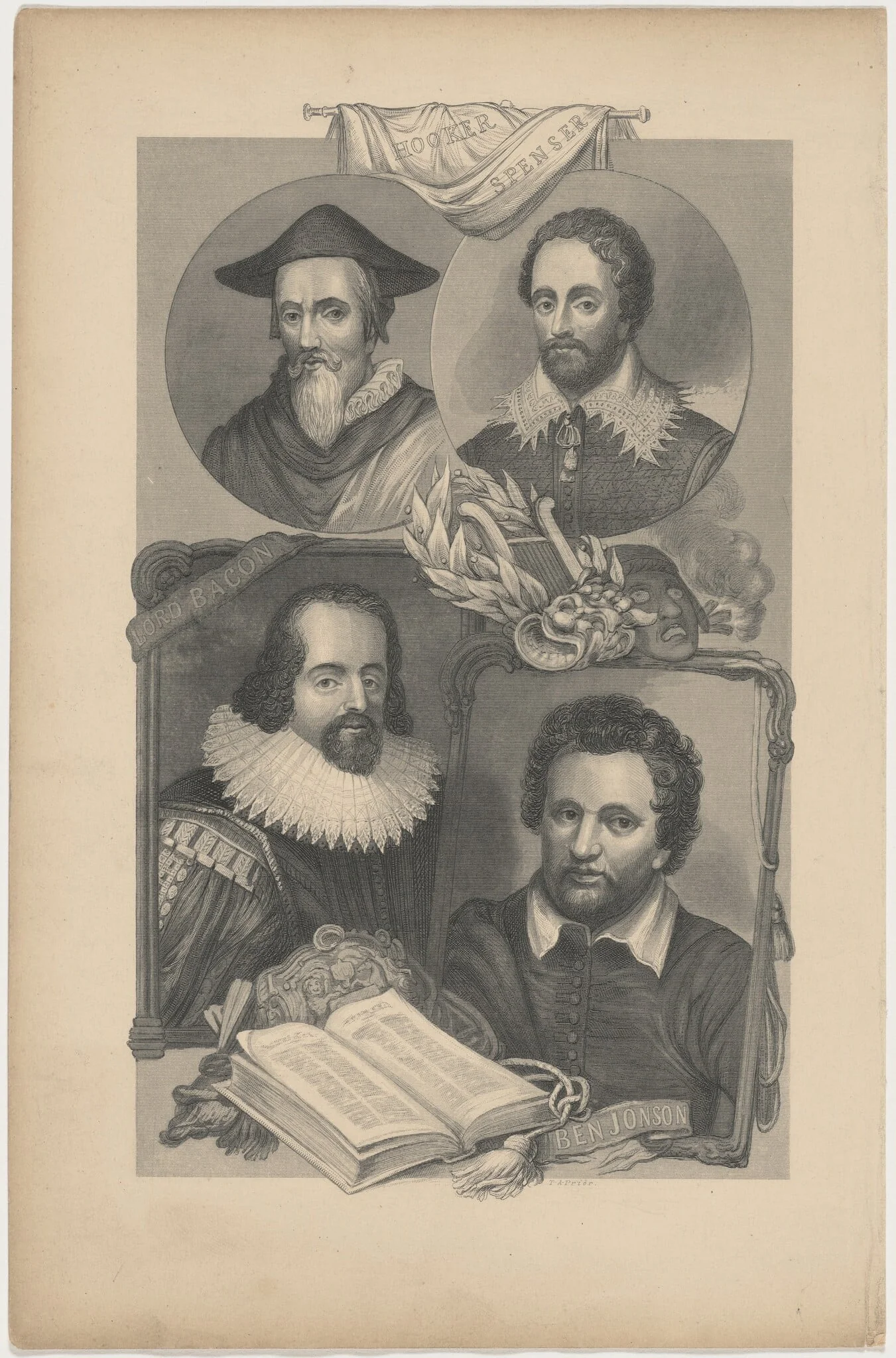 Hooker, Spenser, Lord Bacon, Ben Johnson, by Thomas Abiel Prior, ink, 1848