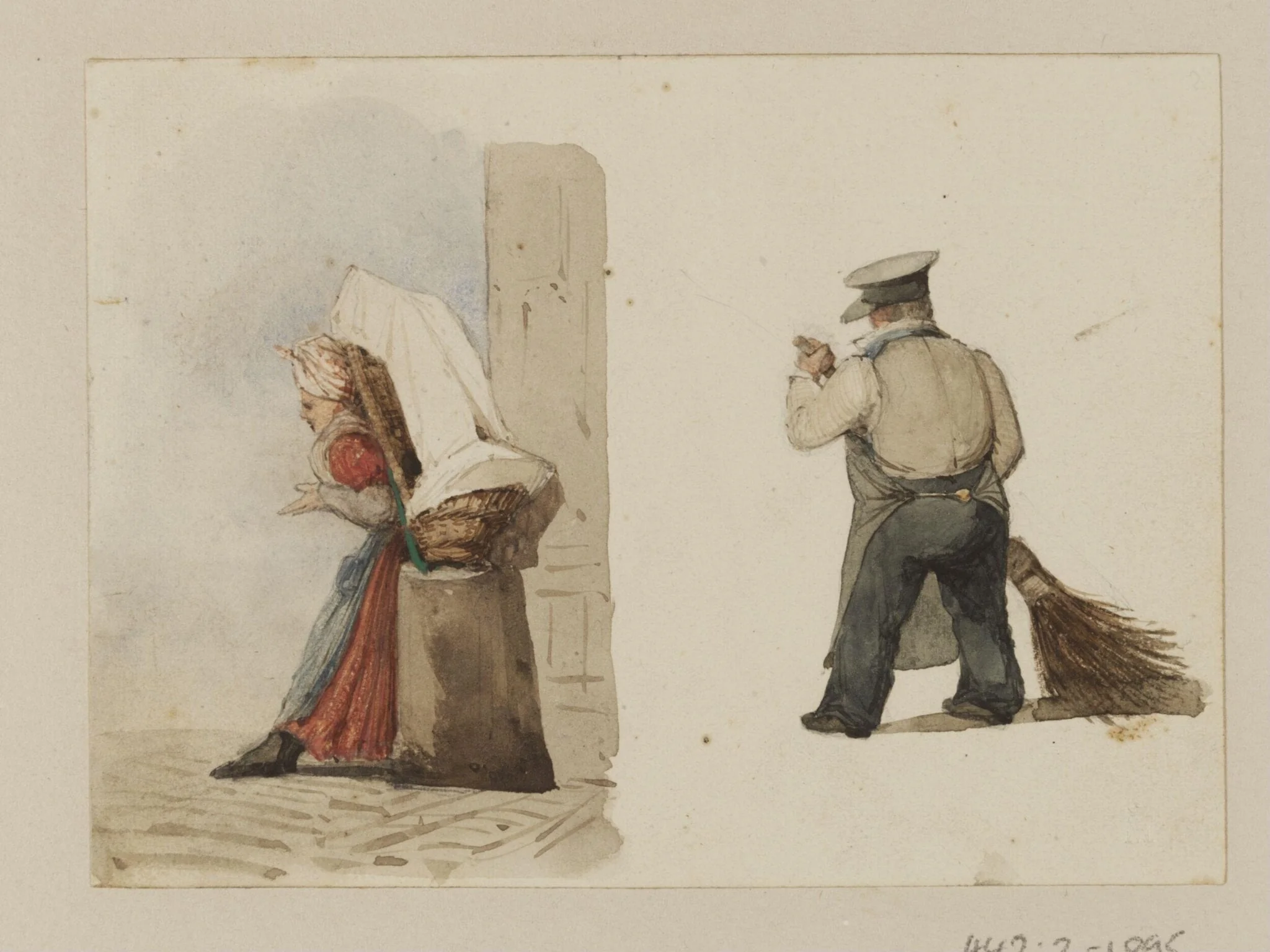 A woman resting a load on a post and a man  sweeping, by Ambrose Poynter, watercolor, 1835